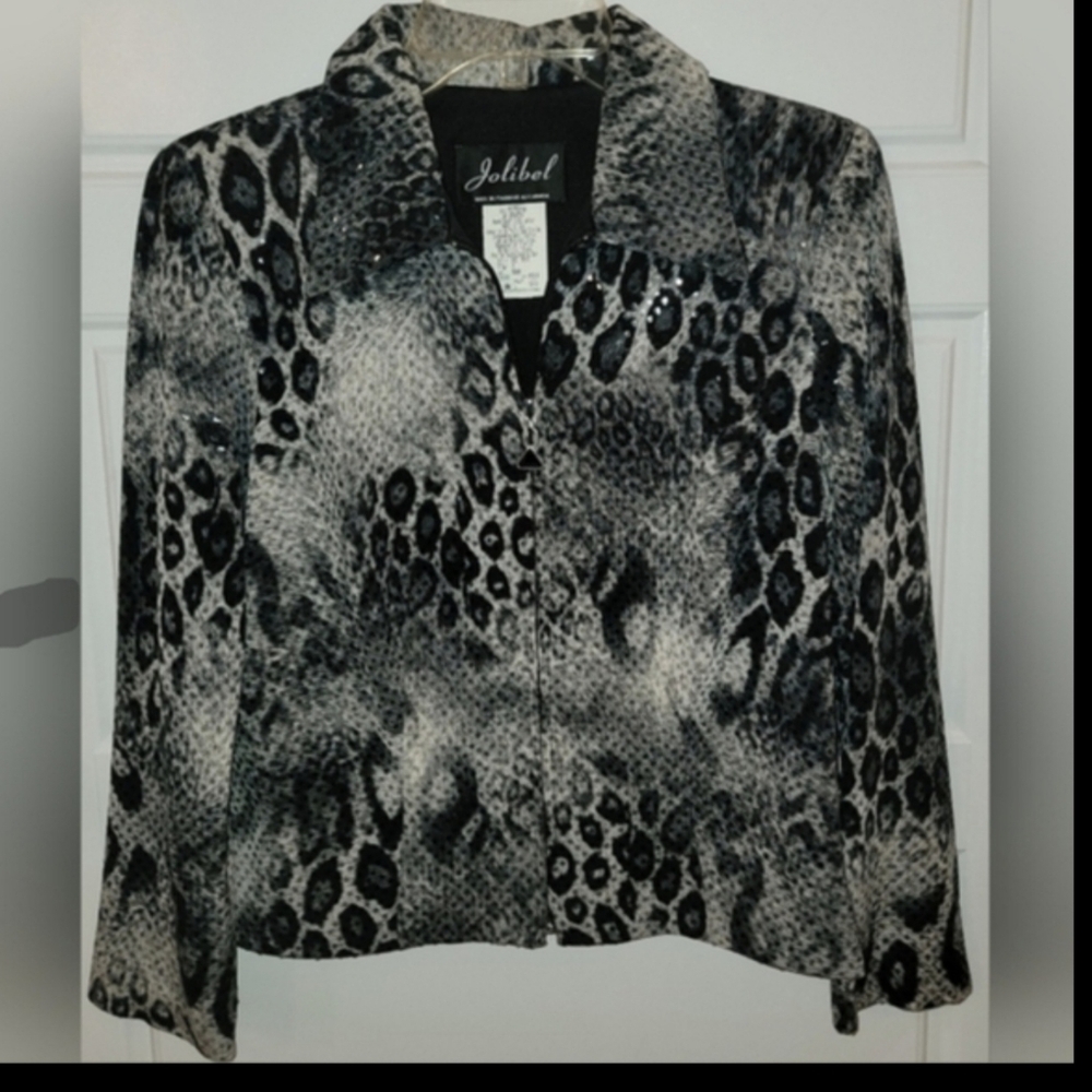 Like New Jolibel Black Gray Animal Print Zip Jacket Sequin Size 6 - Picture 12 of 12